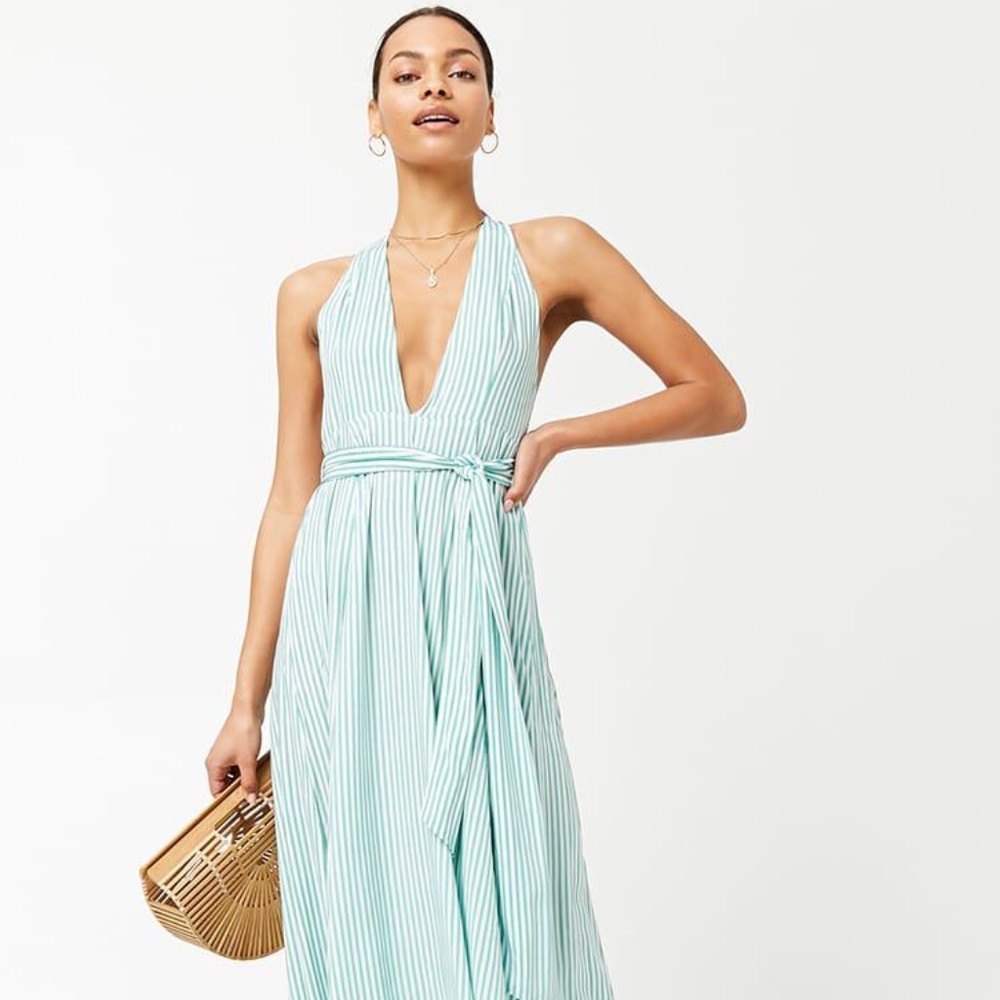 NWOT Striped Backless Halter Belted Maxi Dress *S*